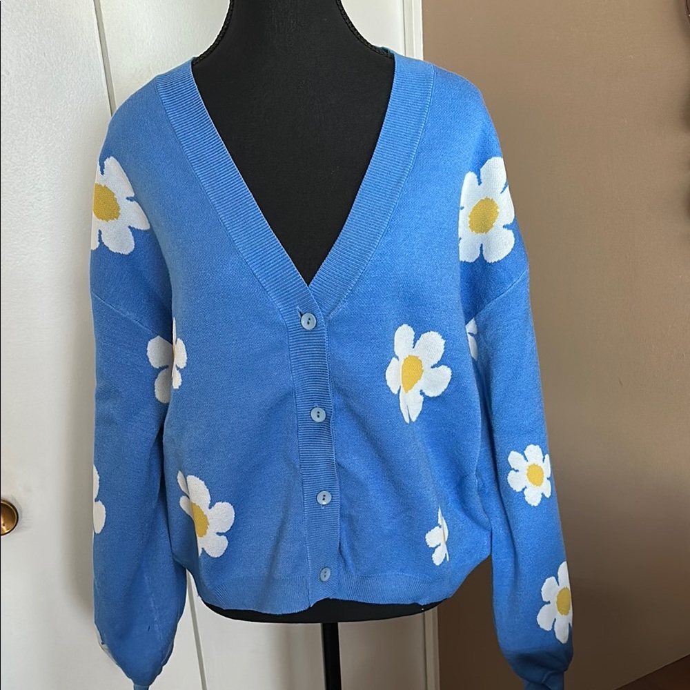 Blue Floral Cardigan Sweater